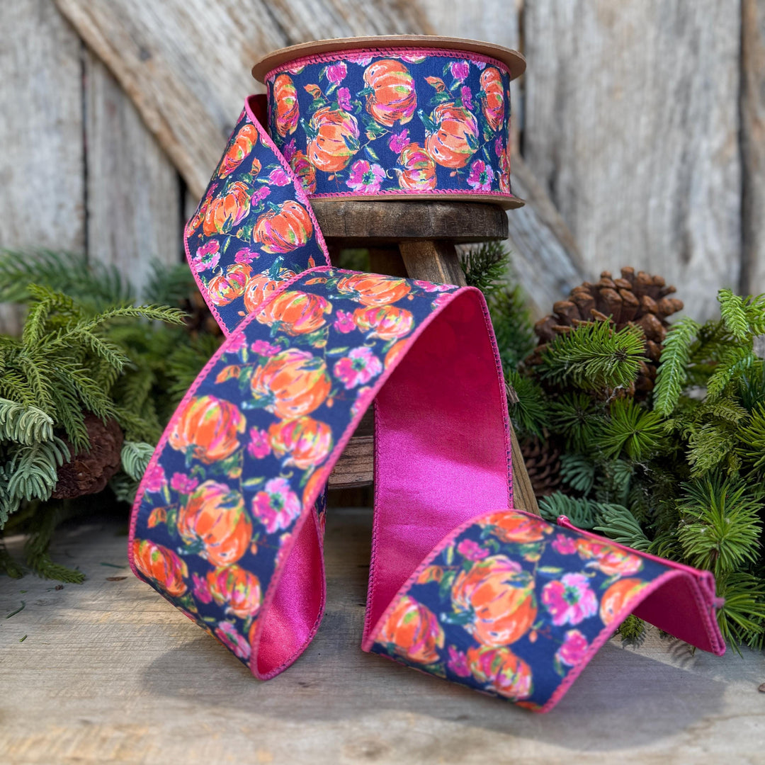 2.5" Pumpkin floral ribbon, Fall Ribbon, Pumpkin Ribbon