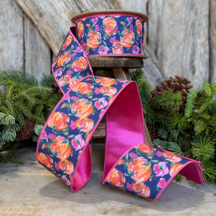 2.5" Pumpkin floral ribbon, Fall Ribbon, Pumpkin Ribbon