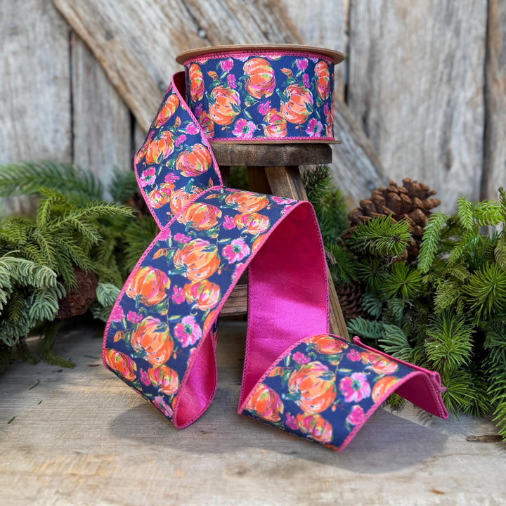 2.5" Pumpkin floral ribbon, Fall Ribbon, Pumpkin Ribbon
