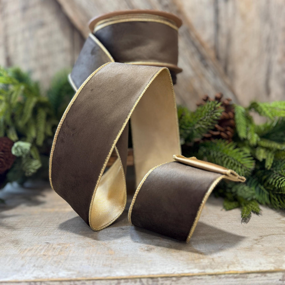2.5" Taupe Brown Velvet RIbbon, Wired Ribbon, Brown Velvet Ribbon, Christmas Velvet Ribbon, Fall Ribbon, Designer Velvet Ribbon