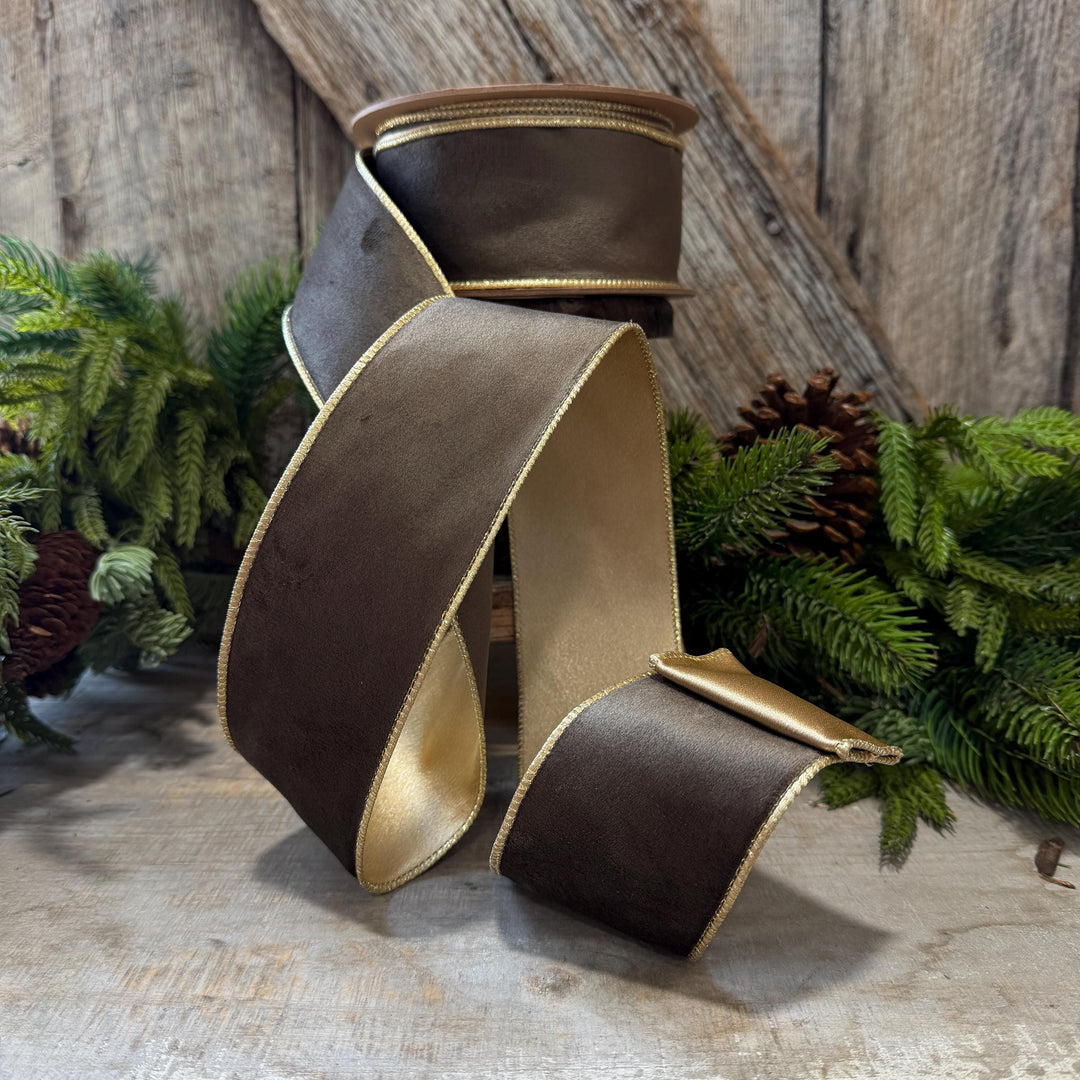 2.5" Taupe Brown Velvet RIbbon, Wired Ribbon, Brown Velvet Ribbon, Christmas Velvet Ribbon, Fall Ribbon, Designer Velvet Ribbon