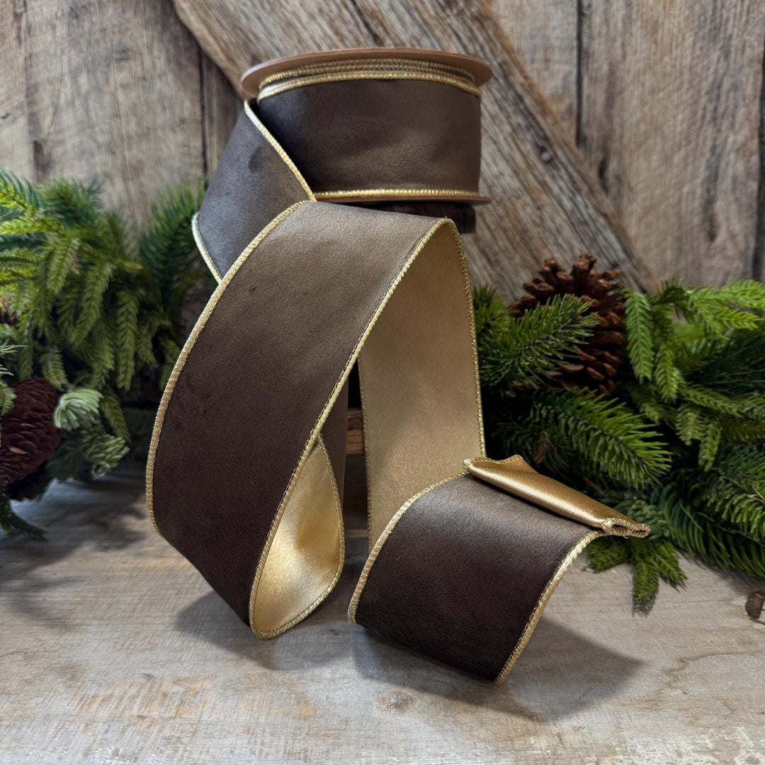 2.5" Taupe Brown Velvet RIbbon, Wired Ribbon, Brown Velvet Ribbon, Christmas Velvet Ribbon, Fall Ribbon, Designer Velvet Ribbon
