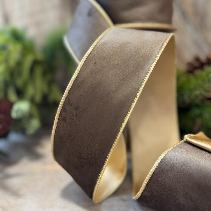 2.5" Taupe Brown Velvet RIbbon, Wired Ribbon, Brown Velvet Ribbon, Christmas Velvet Ribbon, Fall Ribbon, Designer Velvet Ribbon