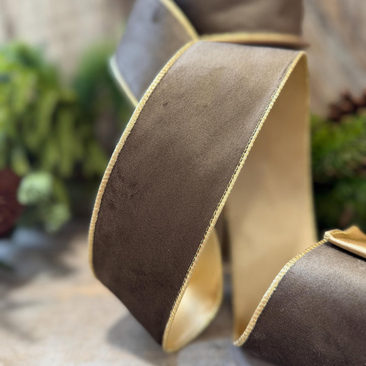 2.5" Taupe Brown Velvet RIbbon, Wired Ribbon, Brown Velvet Ribbon, Christmas Velvet Ribbon, Fall Ribbon, Designer Velvet Ribbon