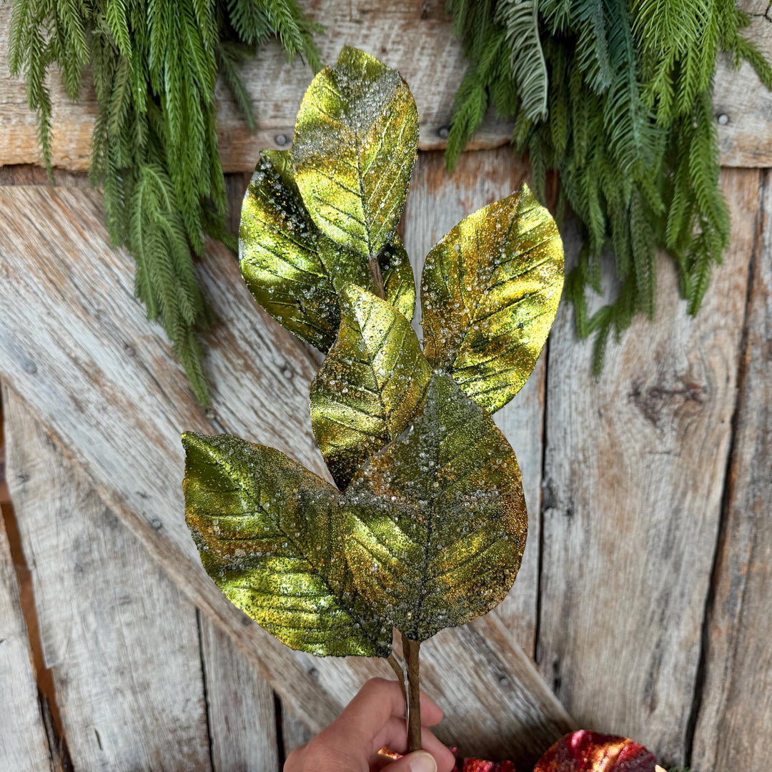25" Green Metallic Magnolia Leaf Spray, Christmas Tree Spray