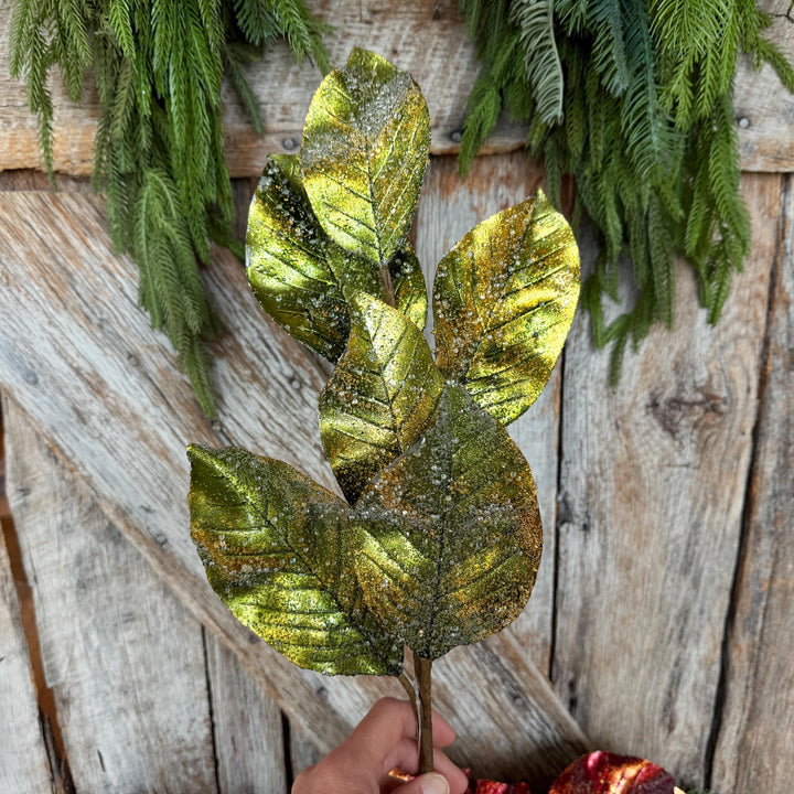 25" Green Metallic Magnolia Leaf Spray, Christmas Tree Spray