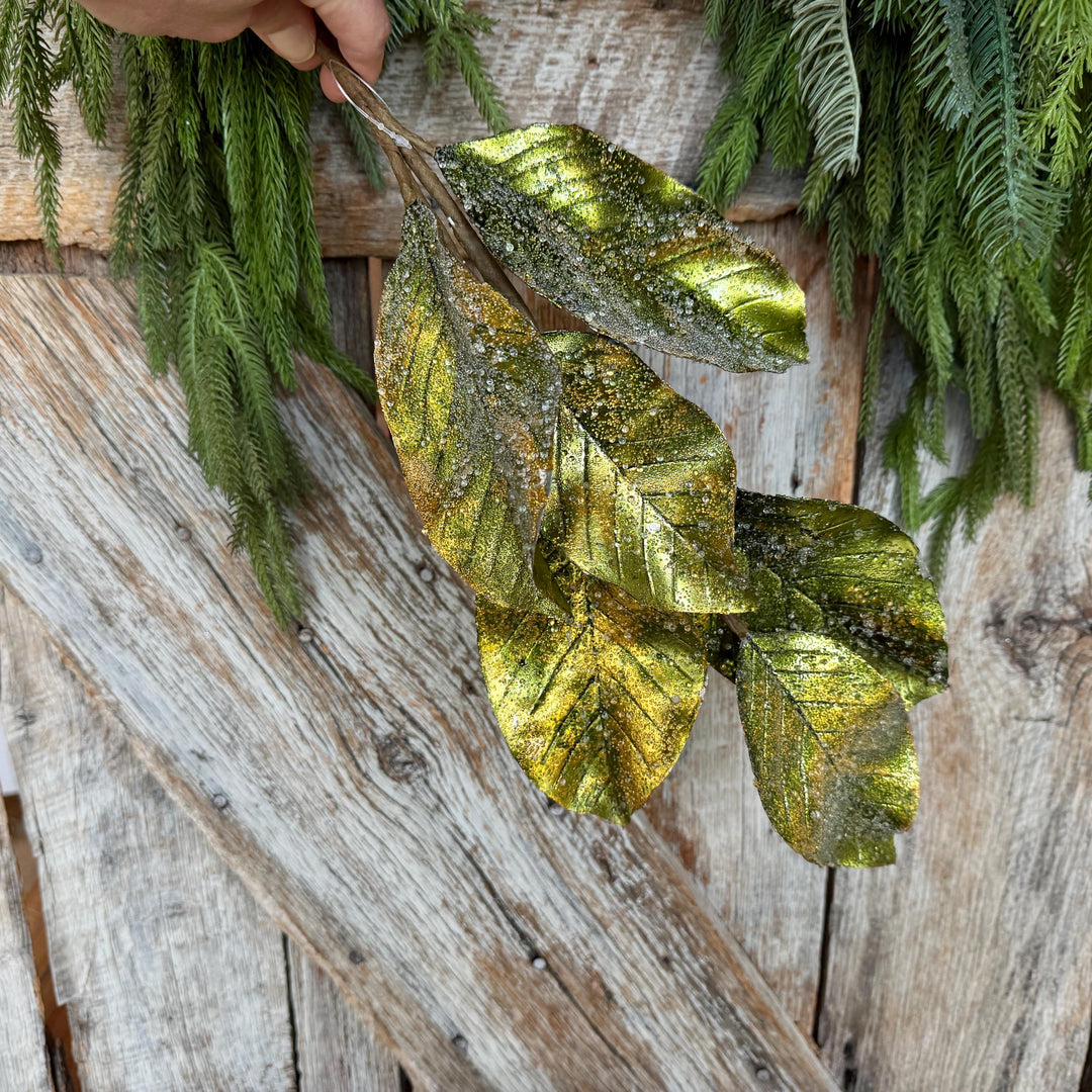 25" Green Metallic Magnolia Leaf Spray, Christmas Tree Spray