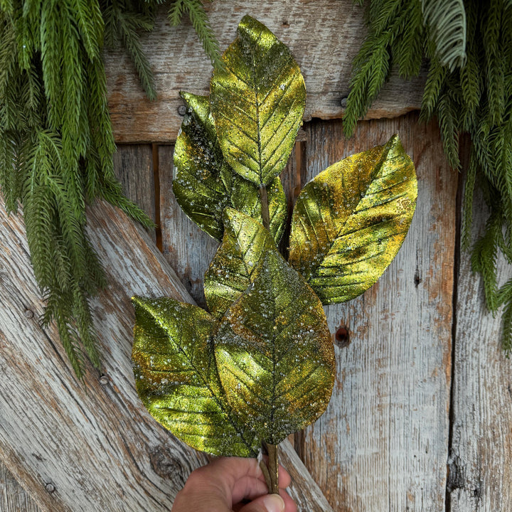 25" Green Metallic Magnolia Leaf Spray, Christmas Tree Spray