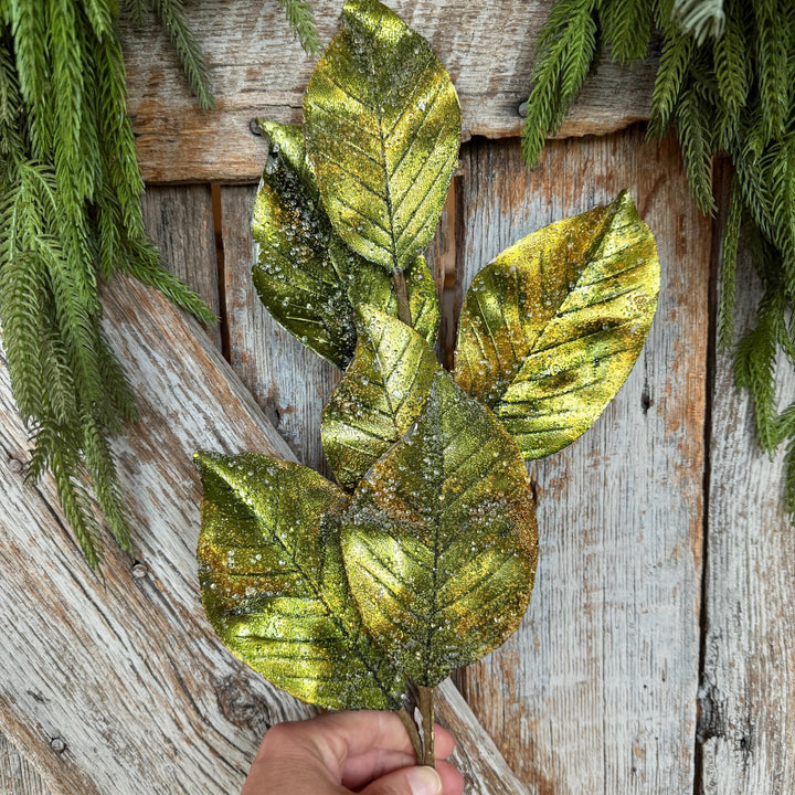 25" Green Metallic Magnolia Leaf Spray, Christmas Tree Spray