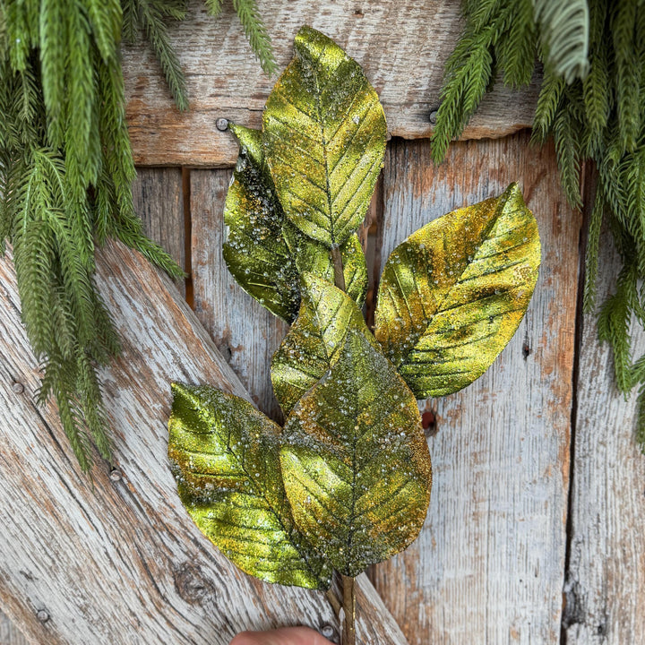 25" Green Metallic Magnolia Leaf Spray, Christmas Tree Spray