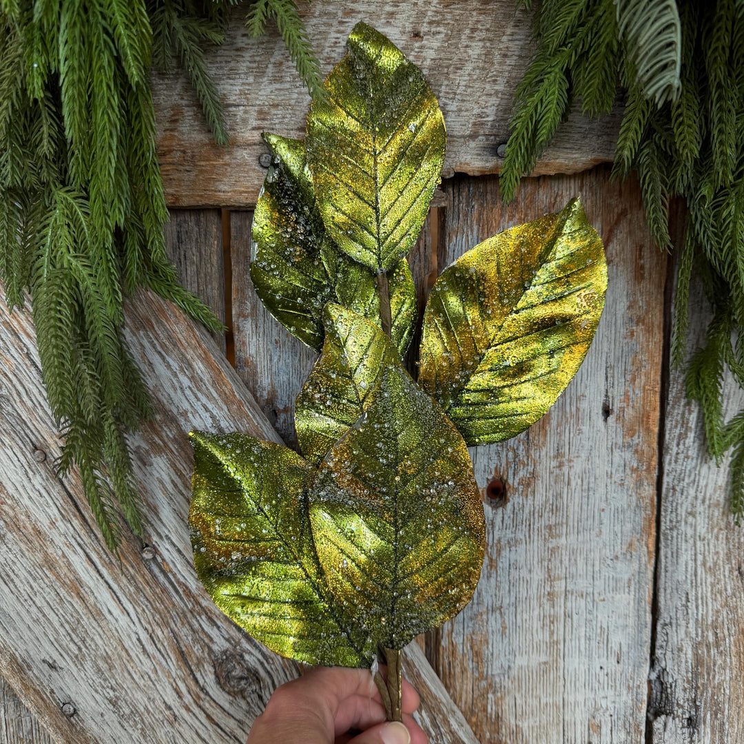 25" Green Metallic Magnolia Leaf Spray, Christmas Tree Spray