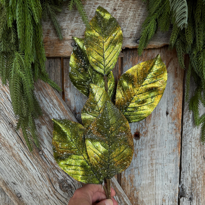 25" Green Metallic Magnolia Leaf Spray, Christmas Tree Spray
