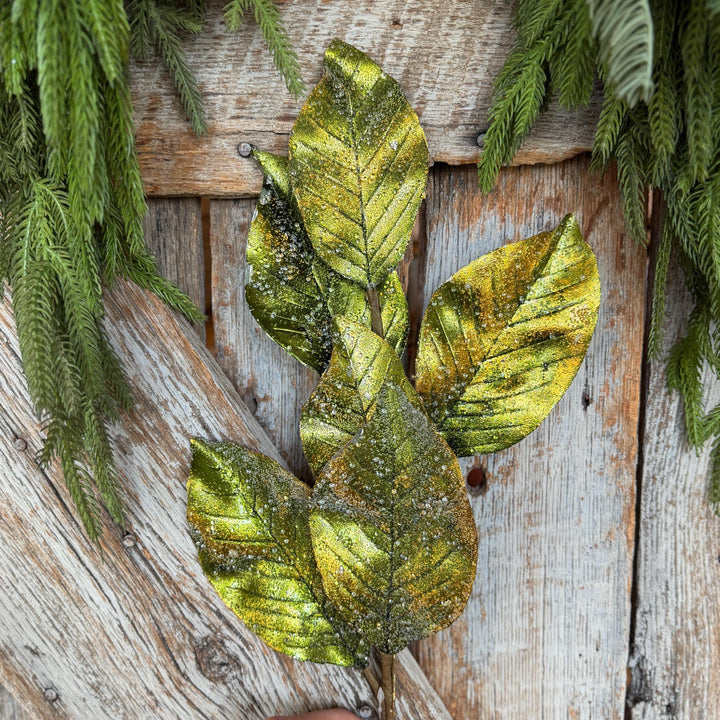 25" Green Metallic Magnolia Leaf Spray, Christmas Tree Spray