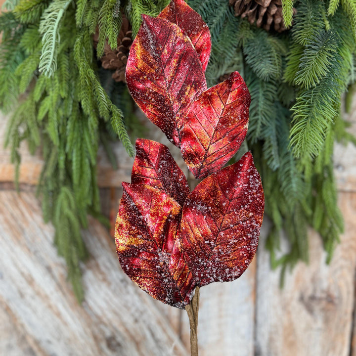25" Burgundy Magnolia Leaf Spray, Burgundy Christmas Spray