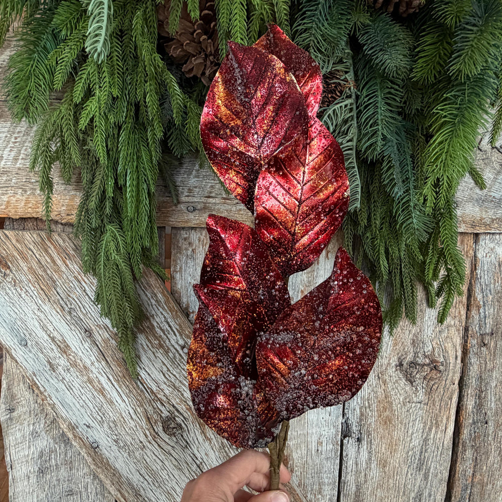25" Burgundy Magnolia Leaf Spray, Burgundy Christmas Spray