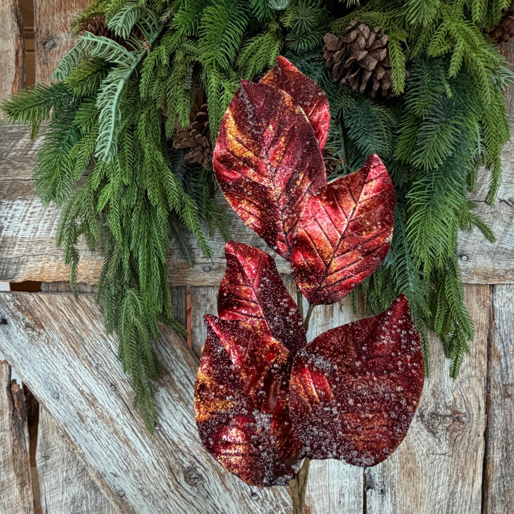 25" Burgundy Magnolia Leaf Spray, Burgundy Christmas Spray