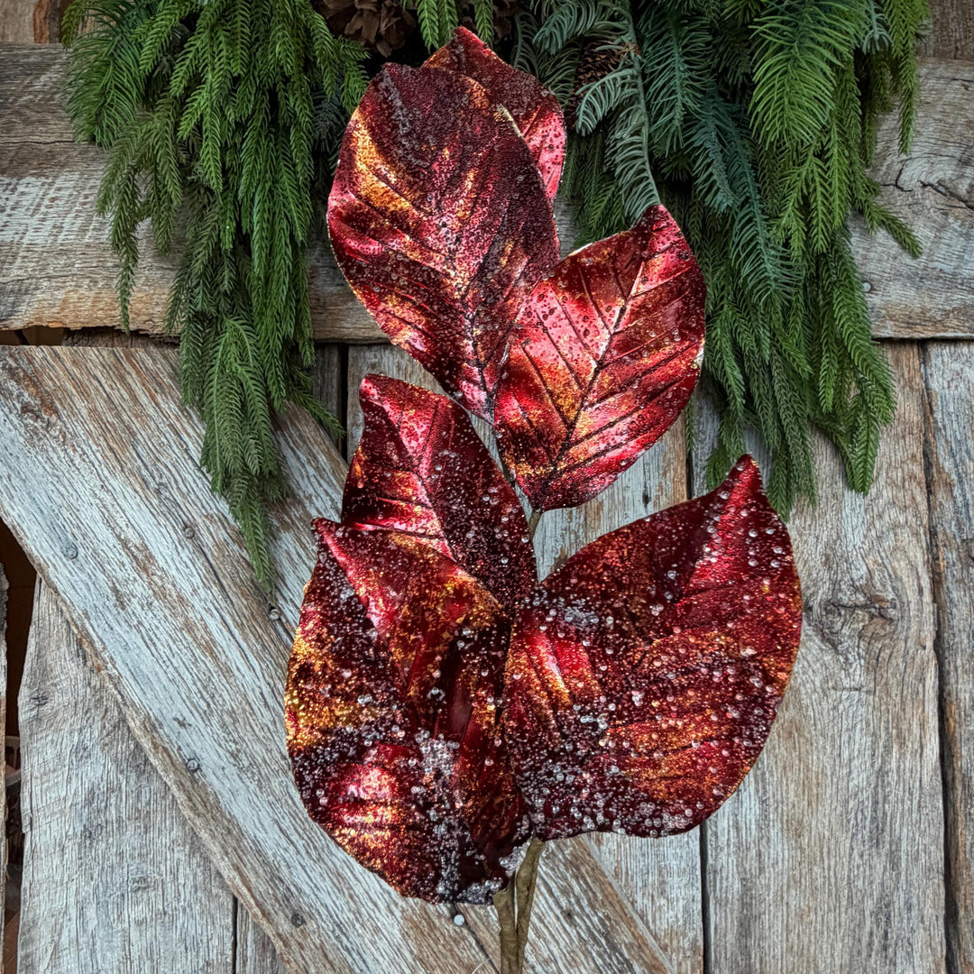 25" Burgundy Magnolia Leaf Spray, Burgundy Christmas Spray