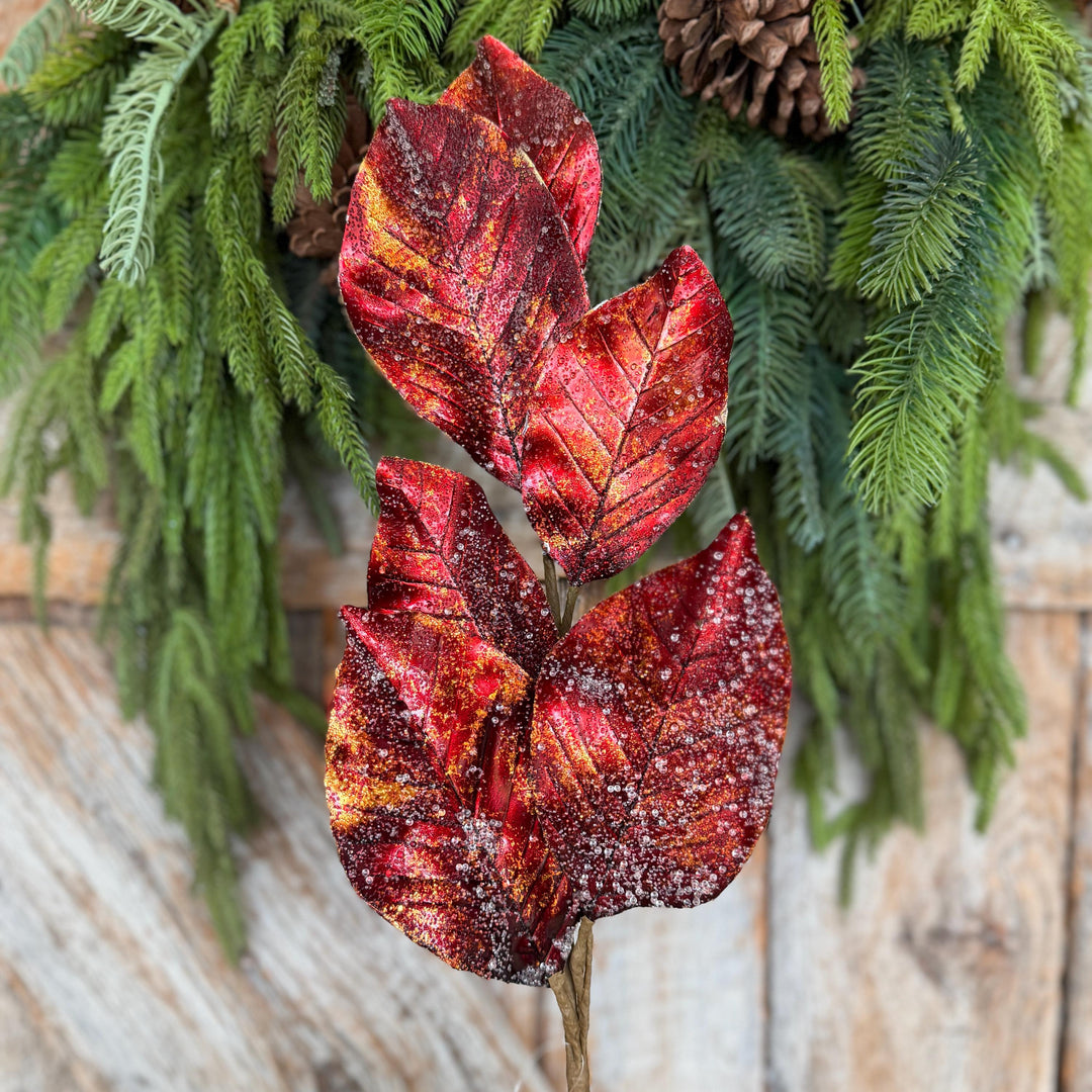 25" Burgundy Magnolia Leaf Spray, Burgundy Christmas Spray