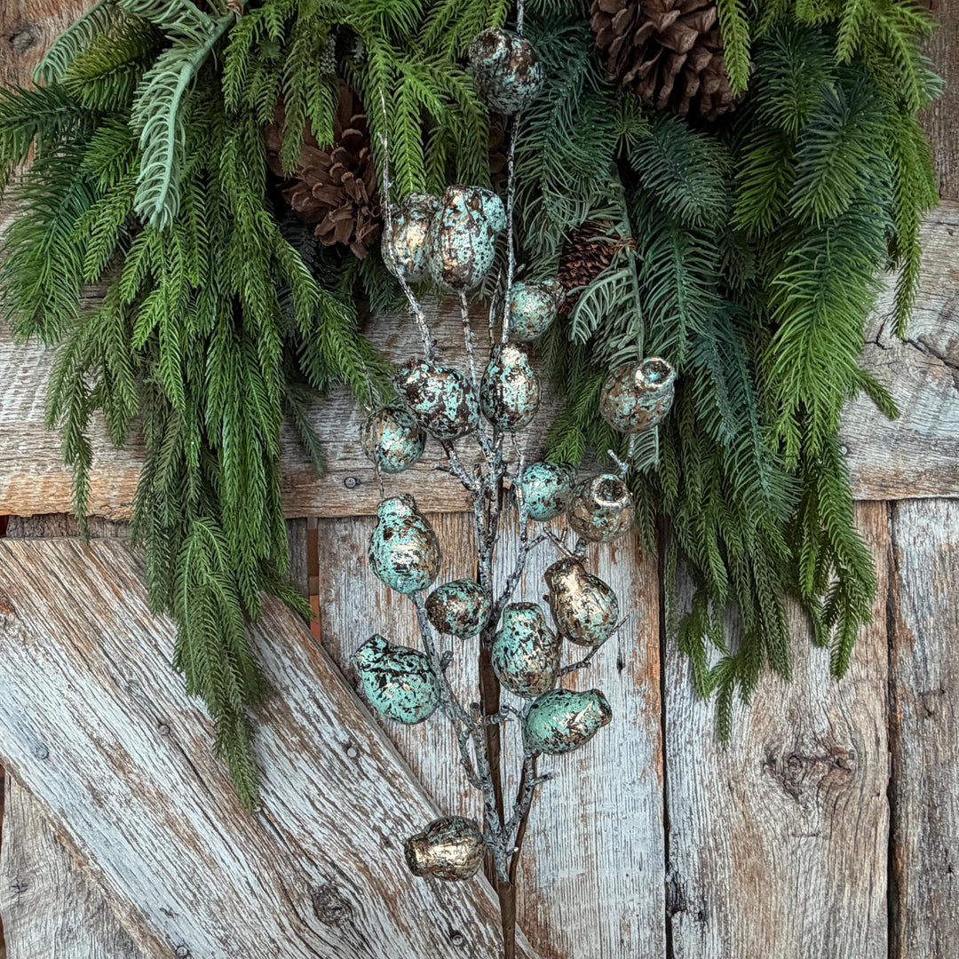 28" Turquoise Berry Spray, Pewter Christmas Spray