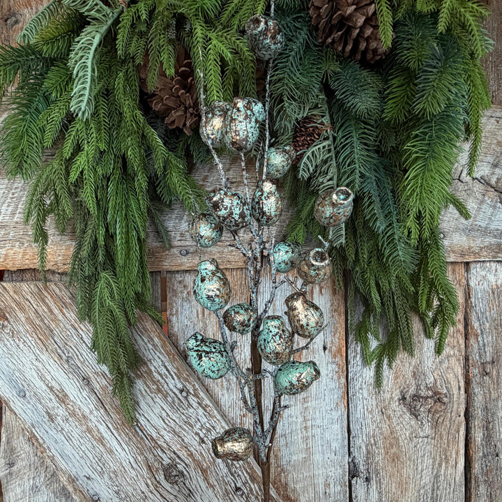 28" Turquoise Berry Spray, Pewter Christmas Spray