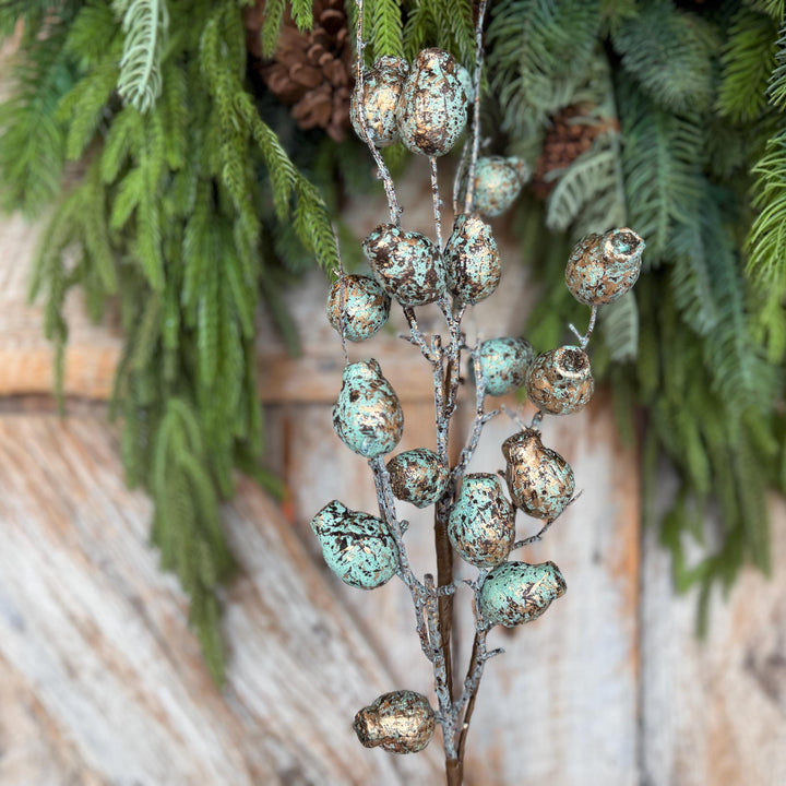 28" Turquoise Berry Spray, Pewter Christmas Spray