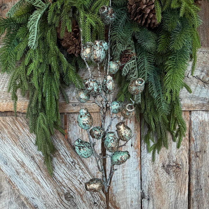 28" Turquoise Berry Spray, Pewter Christmas Spray