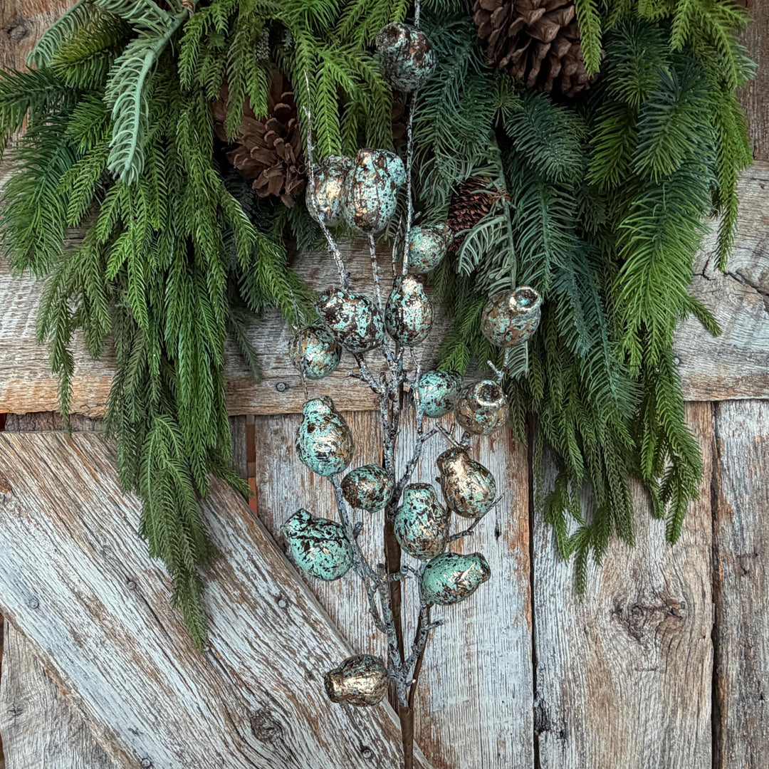 28" Turquoise Berry Spray, Pewter Christmas Spray