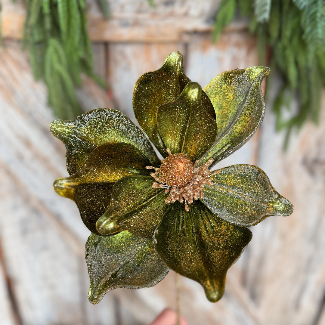 23" Forest Green Velvet Magnolia, Christmas Magnolia, Faux Magnolia Stem, Glitz Magnolia, Green Christmas Floral, Christmas Tree Floral