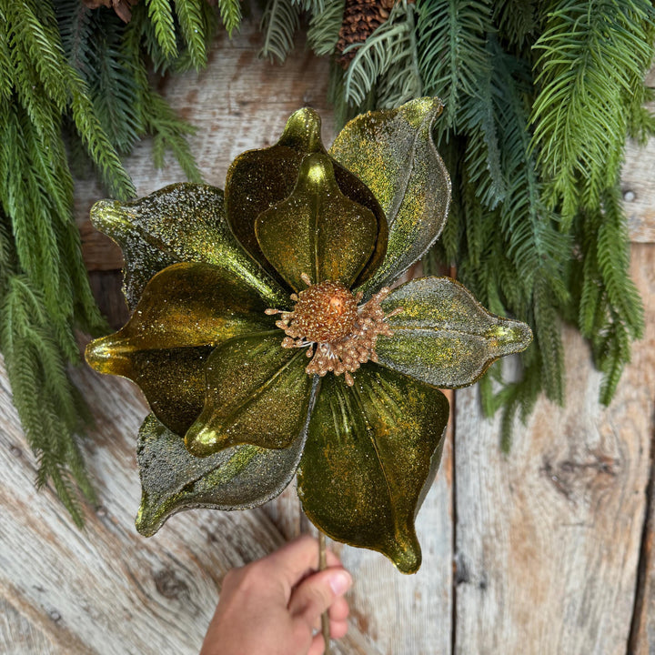 23" Forest Green Velvet Magnolia, Christmas Magnolia, Faux Magnolia Stem, Glitz Magnolia, Green Christmas Floral, Christmas Tree Floral