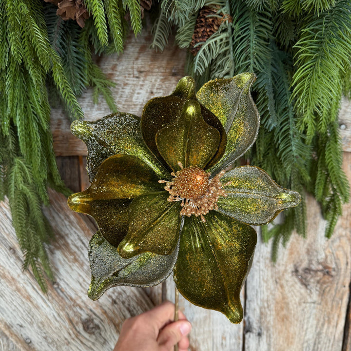 23" Forest Green Velvet Magnolia, Christmas Magnolia, Faux Magnolia Stem, Glitz Magnolia, Green Christmas Floral, Christmas Tree Floral
