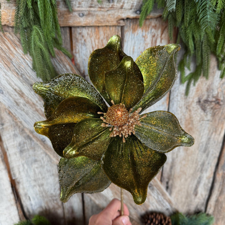 23" Forest Green Velvet Magnolia, Christmas Magnolia, Faux Magnolia Stem, Glitz Magnolia, Green Christmas Floral, Christmas Tree Floral