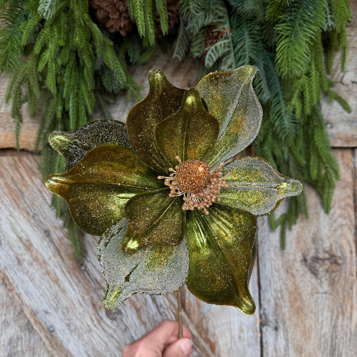 23" Forest Green Velvet Magnolia, Christmas Magnolia, Faux Magnolia Stem, Glitz Magnolia, Green Christmas Floral, Christmas Tree Floral