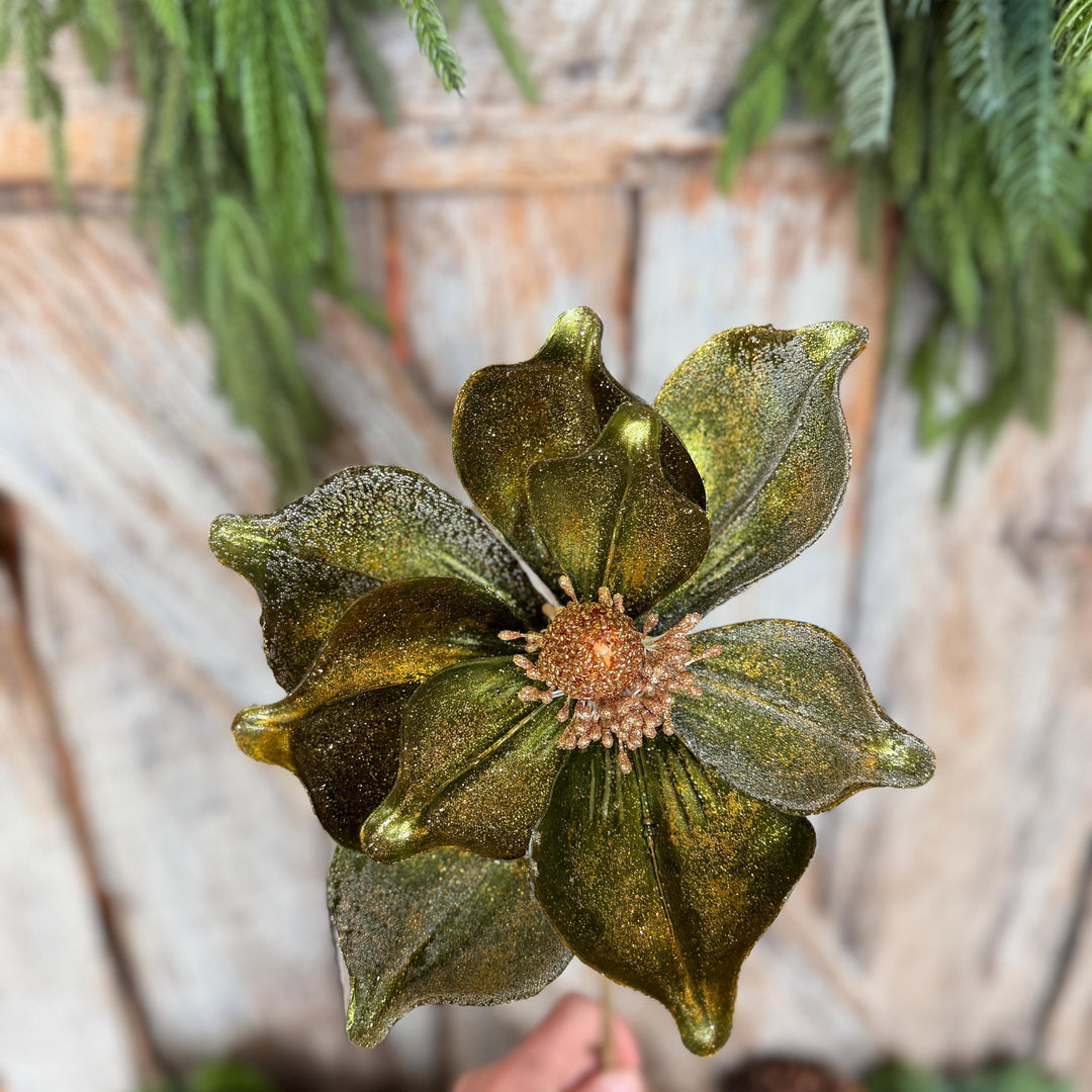 23" Forest Green Velvet Magnolia, Christmas Magnolia, Faux Magnolia Stem, Glitz Magnolia, Green Christmas Floral, Christmas Tree Floral