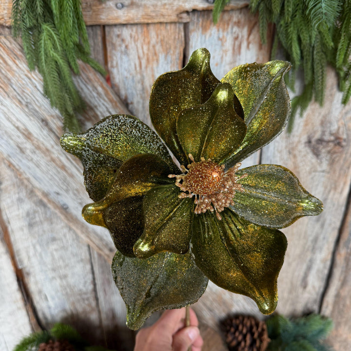 23" Forest Green Velvet Magnolia, Christmas Magnolia, Faux Magnolia Stem, Glitz Magnolia, Green Christmas Floral, Christmas Tree Floral
