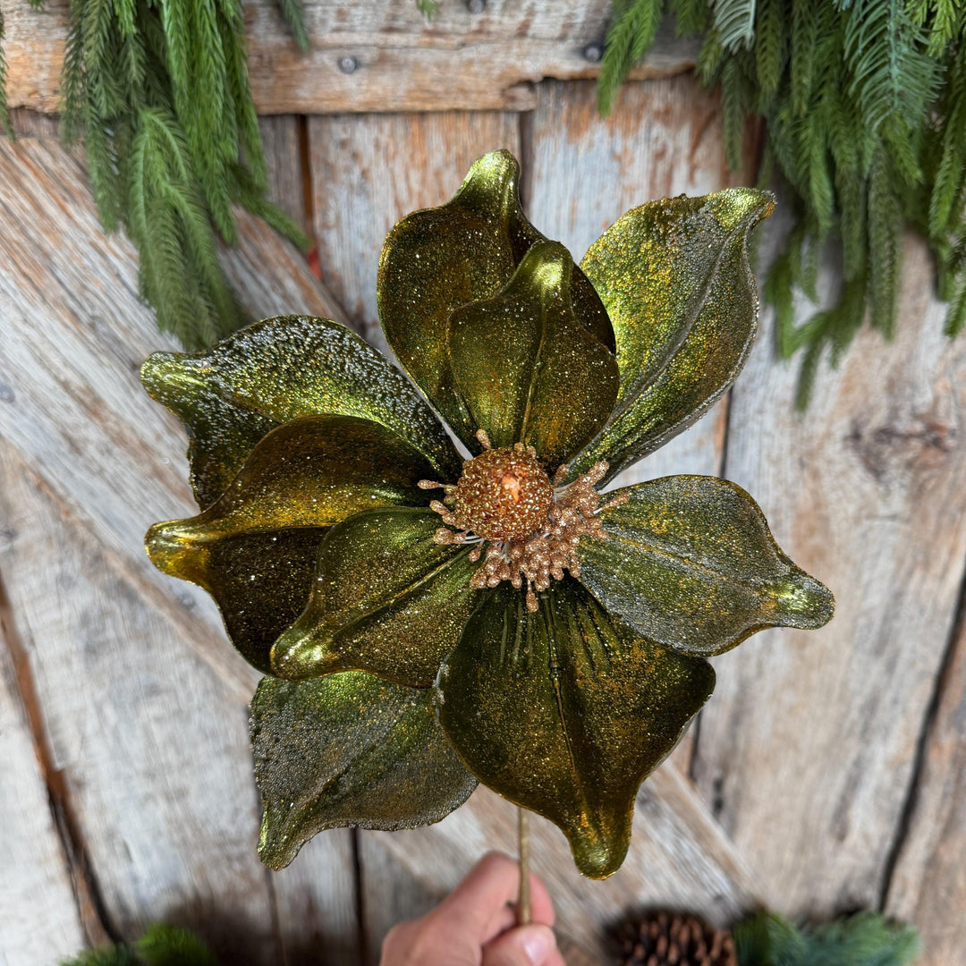 23" Forest Green Velvet Magnolia, Christmas Magnolia, Faux Magnolia Stem, Glitz Magnolia, Green Christmas Floral, Christmas Tree Floral