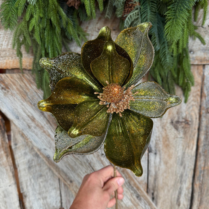 23" Forest Green Velvet Magnolia, Christmas Magnolia, Faux Magnolia Stem, Glitz Magnolia, Green Christmas Floral, Christmas Tree Floral