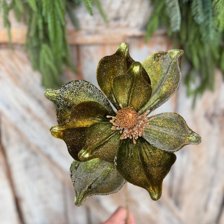 23" Forest Green Velvet Magnolia, Christmas Magnolia, Faux Magnolia Stem, Glitz Magnolia, Green Christmas Floral, Christmas Tree Floral