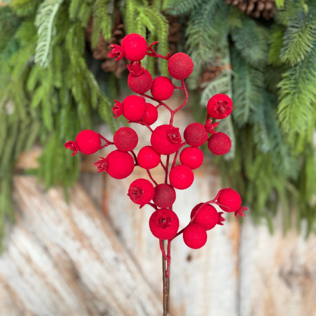 17" Red Flocked Berry Spray, Christmas Berry Spray