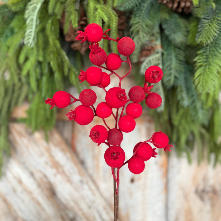 17" Red Flocked Berry Spray, Christmas Berry Spray