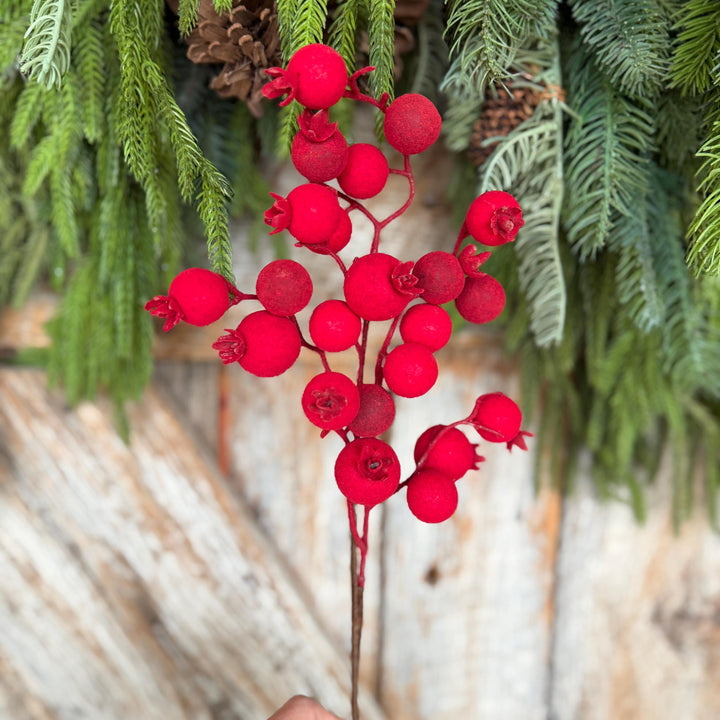 17" Red Flocked Berry Spray, Christmas Berry Spray