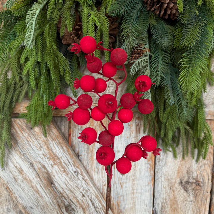 17" Red Flocked Berry Spray, Christmas Berry Spray