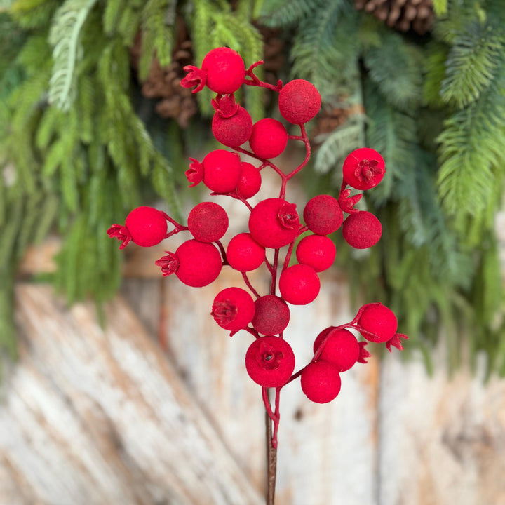 17" Red Flocked Berry Spray, Christmas Berry Spray