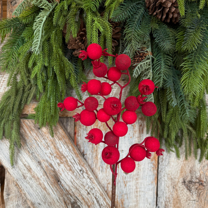 17" Red Flocked Berry Spray, Christmas Berry Spray