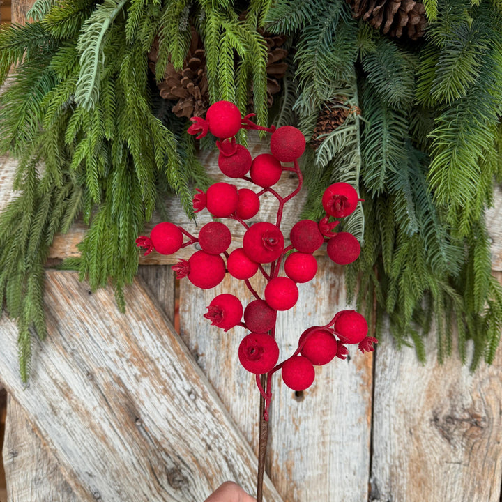 17" Red Flocked Berry Spray, Christmas Berry Spray