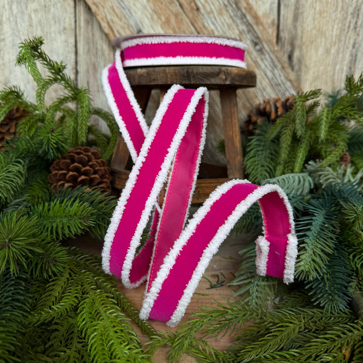 1" Hot Pink Santa Trim Ribbon, Fuzzy Border Ribbon, Santa trim ribbon