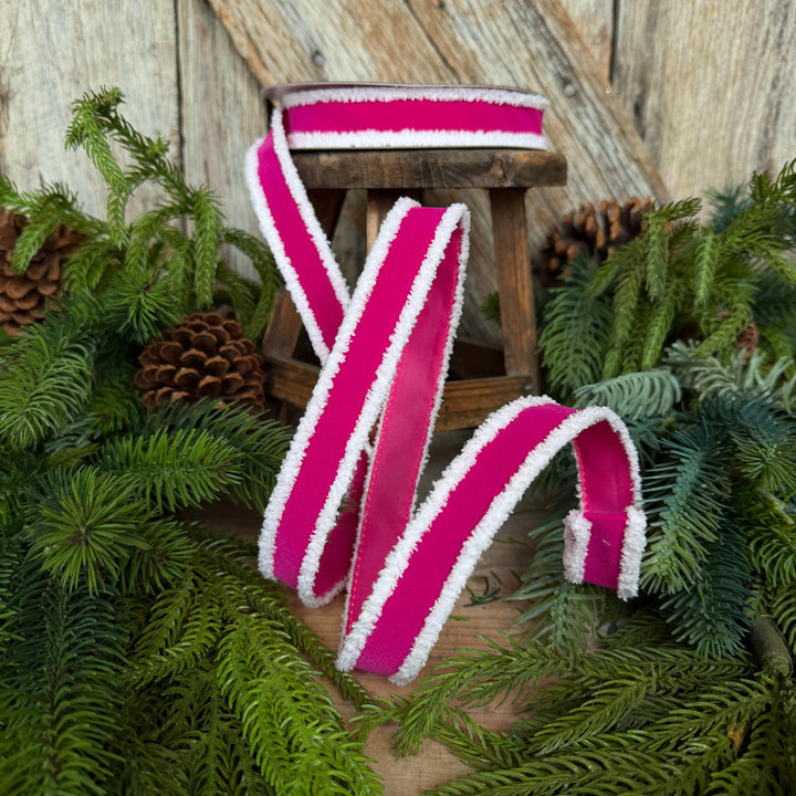 1" Hot Pink Santa Trim Ribbon, Fuzzy Border Ribbon, Santa trim ribbon