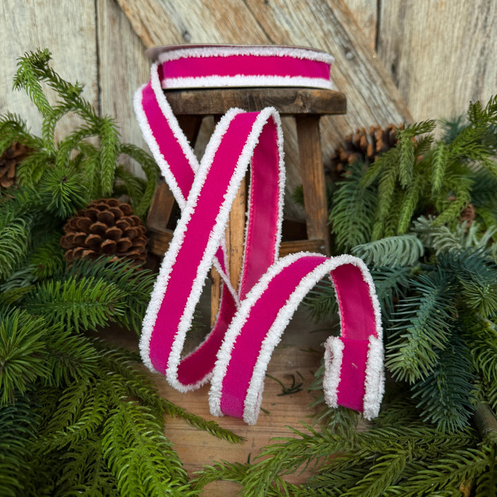 1" Hot Pink Santa Trim Ribbon, Fuzzy Border Ribbon, Santa trim ribbon