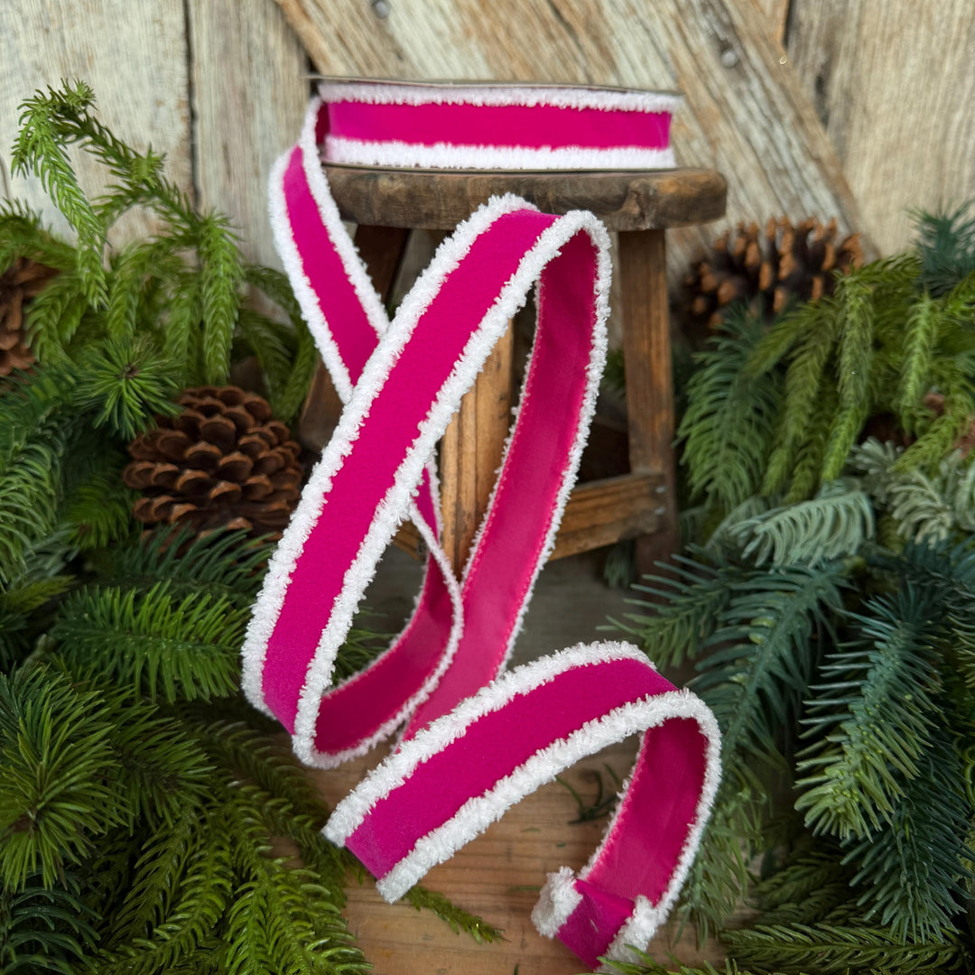 1" Hot Pink Santa Trim Ribbon, Fuzzy Border Ribbon, Santa trim ribbon