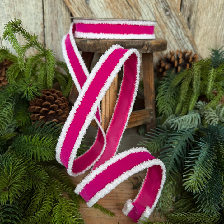 1" Hot Pink Santa Trim Ribbon, Fuzzy Border Ribbon, Santa trim ribbon
