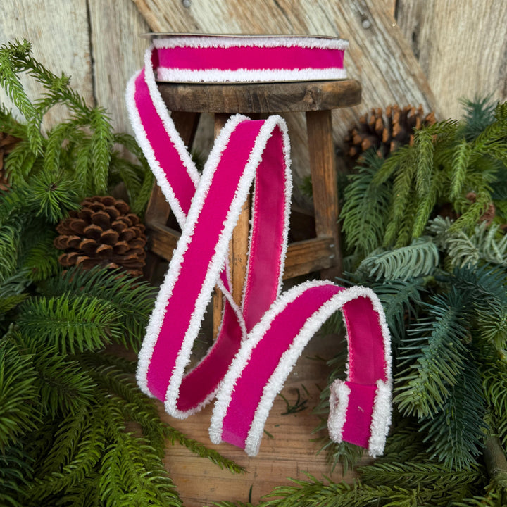 1" Hot Pink Santa Trim Ribbon, Fuzzy Border Ribbon, Santa trim ribbon